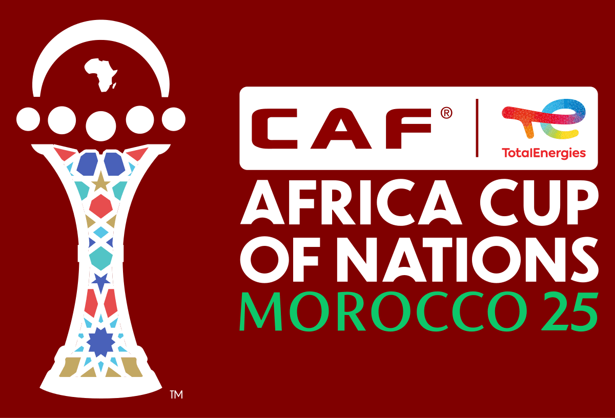 Official CAF Africa Cup of Nations Morocco 2025 logo featuring the iconic trophy with colorful geometric patterns, white circles at the top, and the tournament branding in red and green text on a deep red background