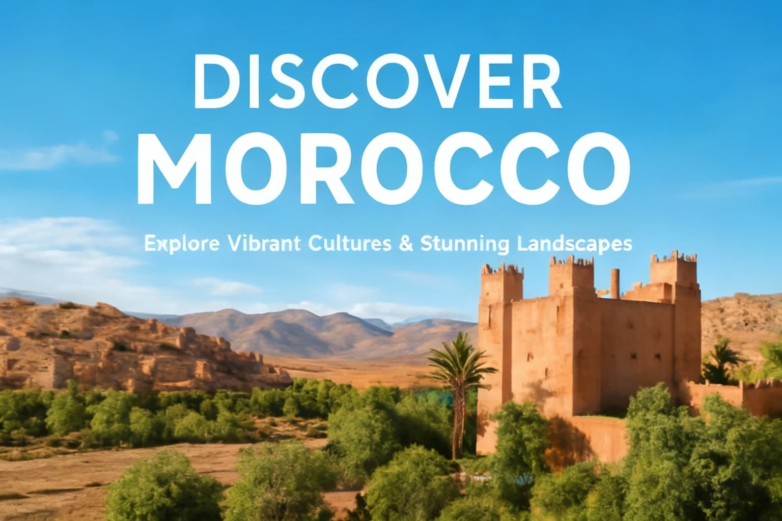 A scenic view of a traditional Moroccan kasbah (fortified village) with a prominent terracotta-colored minaret, set against a backdrop of arid mountains and a clear blue sky. Lush green palm trees and vegetation contrast with the desert landscape in the foreground. The image features the text "DISCOVER MOROCCO" at the top and the subtitle "Explore the Heart of North Africa" below it.
